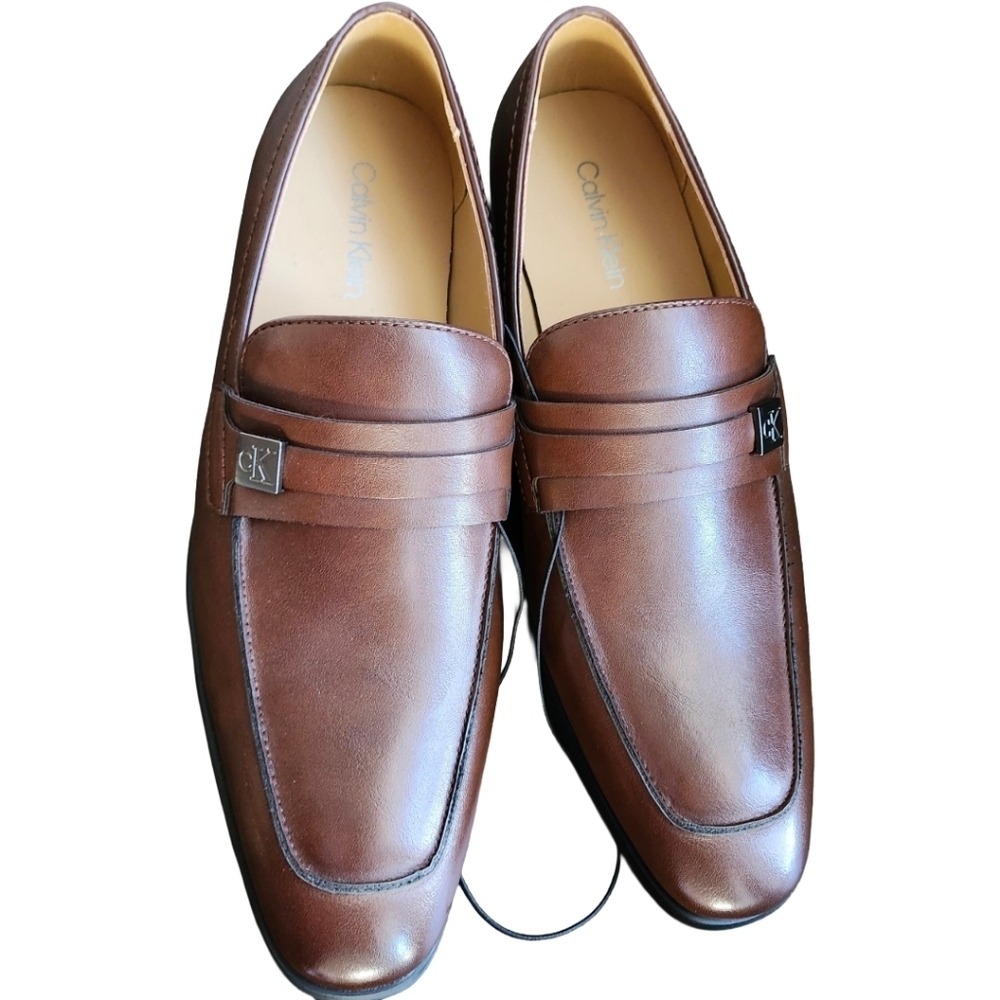New Calvin Klein Brown Slip On Loafer Faux Leather Dress Shoe Mens 7.5 Work Prom - Picture 1 of 7